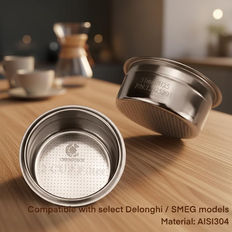 Chengtech Stainless Steel Coffee Filter, 51mm Double Cup (Single Wall/Non-pressurized) Compatible with DLG EC885/9155/9255/9355/9555/9665/9865, SMEG & EUPA Coffee Machine - Image 2